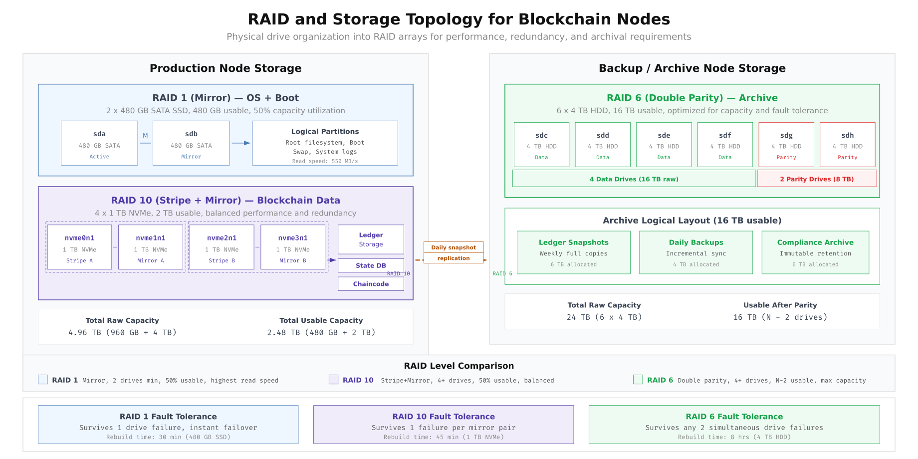 RAID storage topology showing RAID 1 for OS boot, RAID 10 for production blockchain data, and RAID 6 for archive storage with daily snapshot replication between tiers