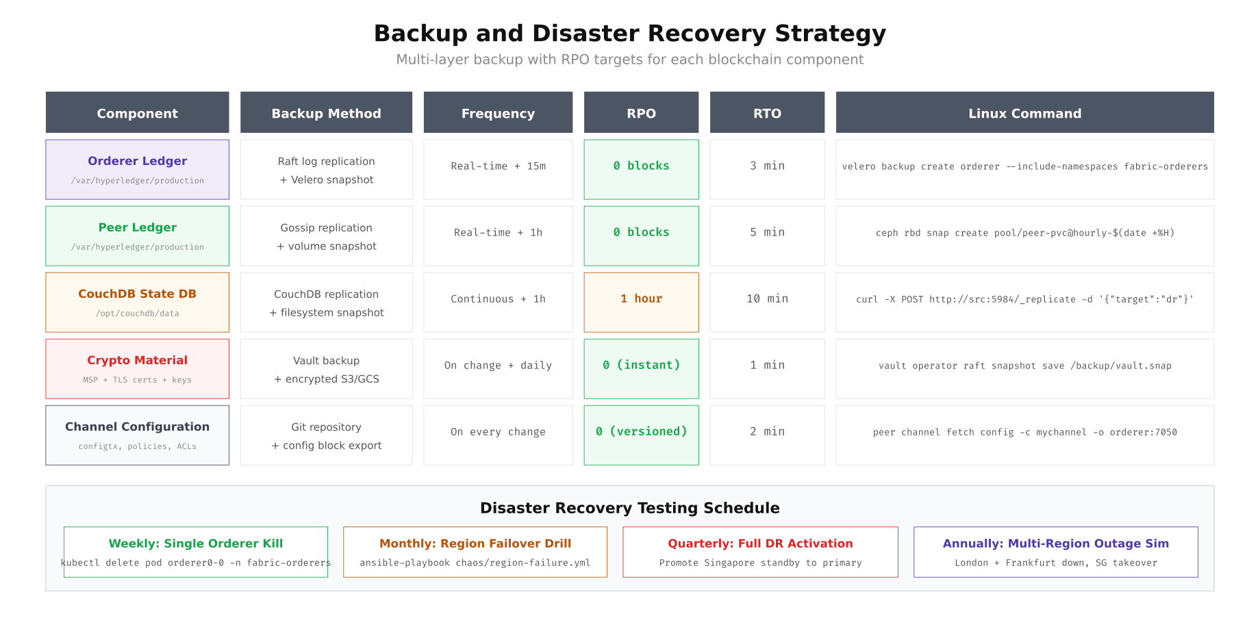 Backup strategy matrix showing each blockchain component with backup method, frequency, RPO, RTO, and Linux commands