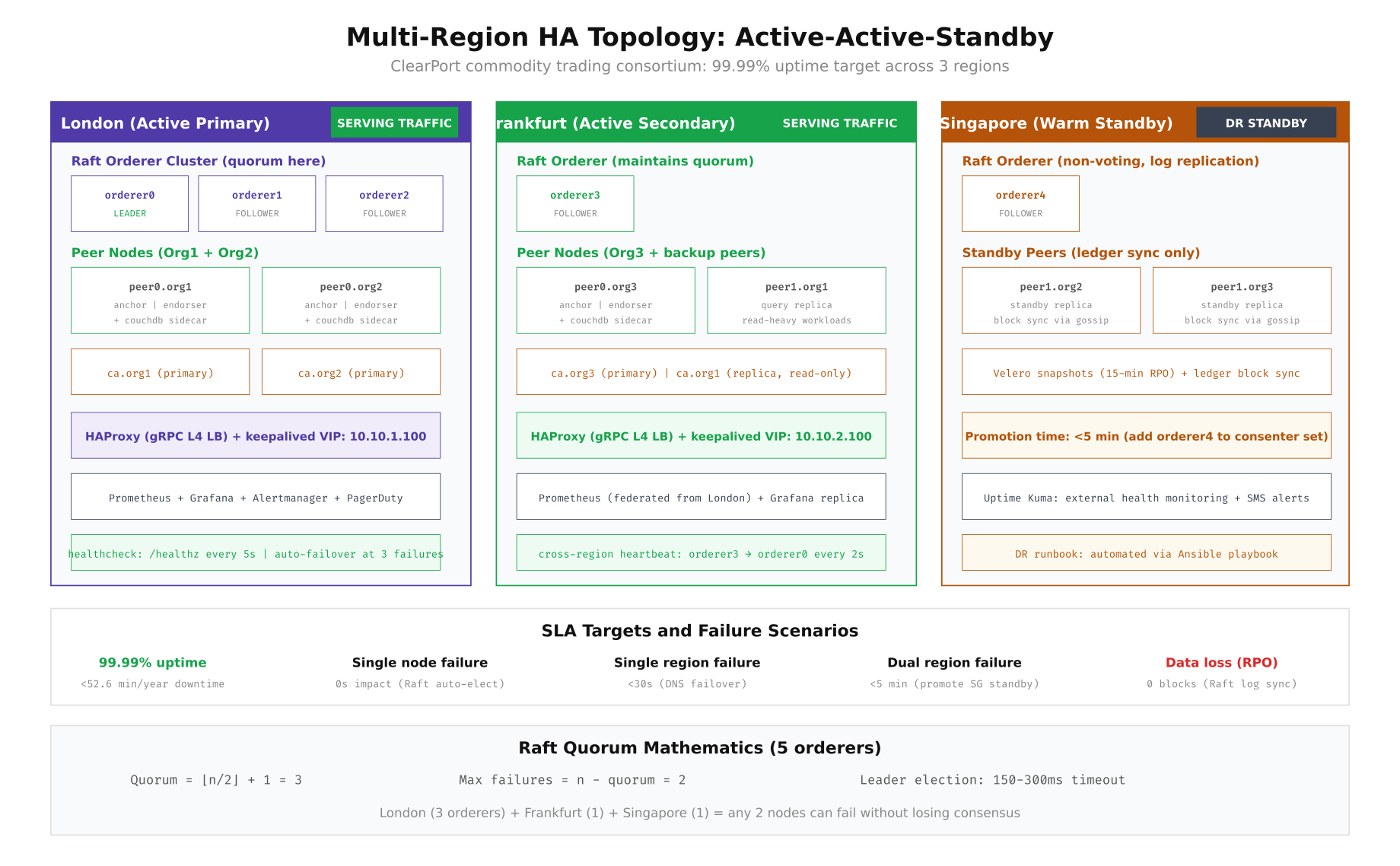 Multi-region high availability topology showing active-active-standby architecture with Raft orderer distribution across London, Frankfurt, and Singapore