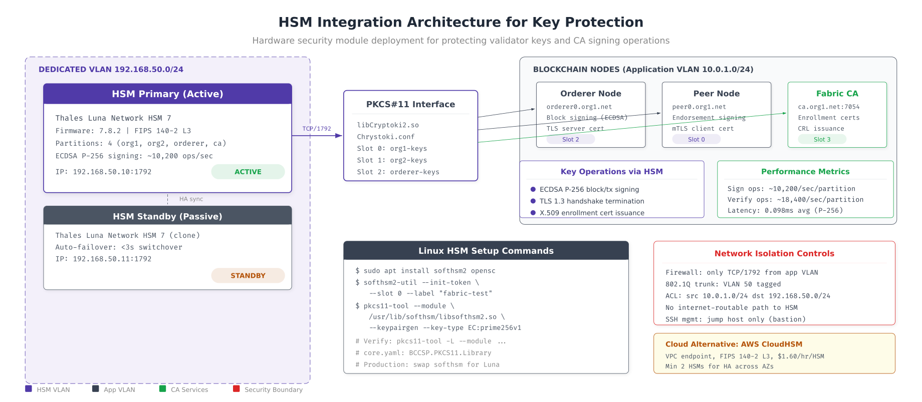 HSM integration architecture showing Thales Luna HSM pair on dedicated VLAN connected to orderer, peer, and CA nodes via PKCS#11 interface with performance metrics and failover configuration