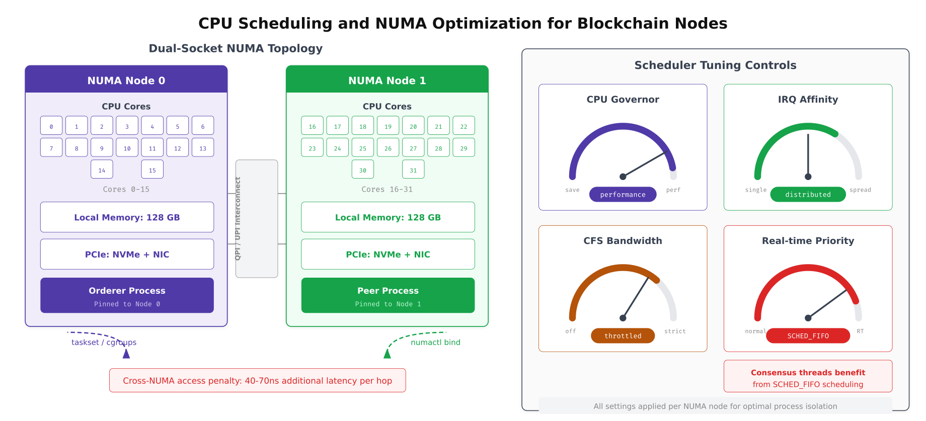 Dual-socket NUMA CPU topology showing process pinning for orderer and peer nodes with scheduler tuning gauges