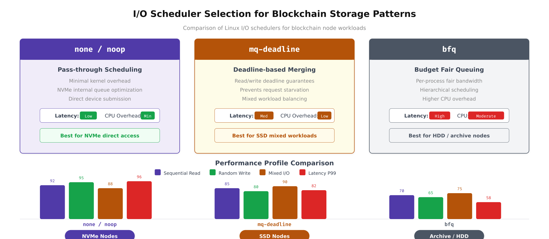 I/O scheduler comparison showing none, mq-deadline, and bfq with performance metrics and device type recommendations