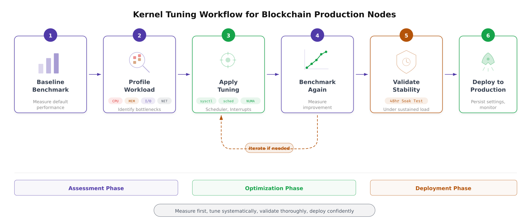 Six-step kernel tuning workflow from baseline benchmark through profiling, tuning, validation, to production deployment