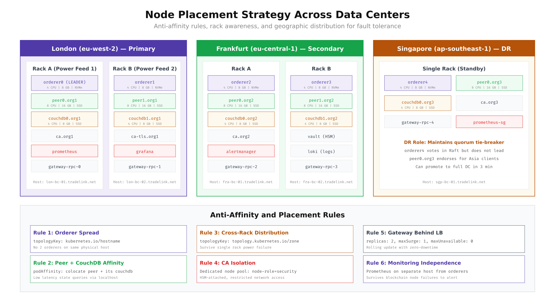 Node placement strategy across London, Frankfurt, and Singapore data centers showing rack distribution, anti-affinity rules, and host assignments