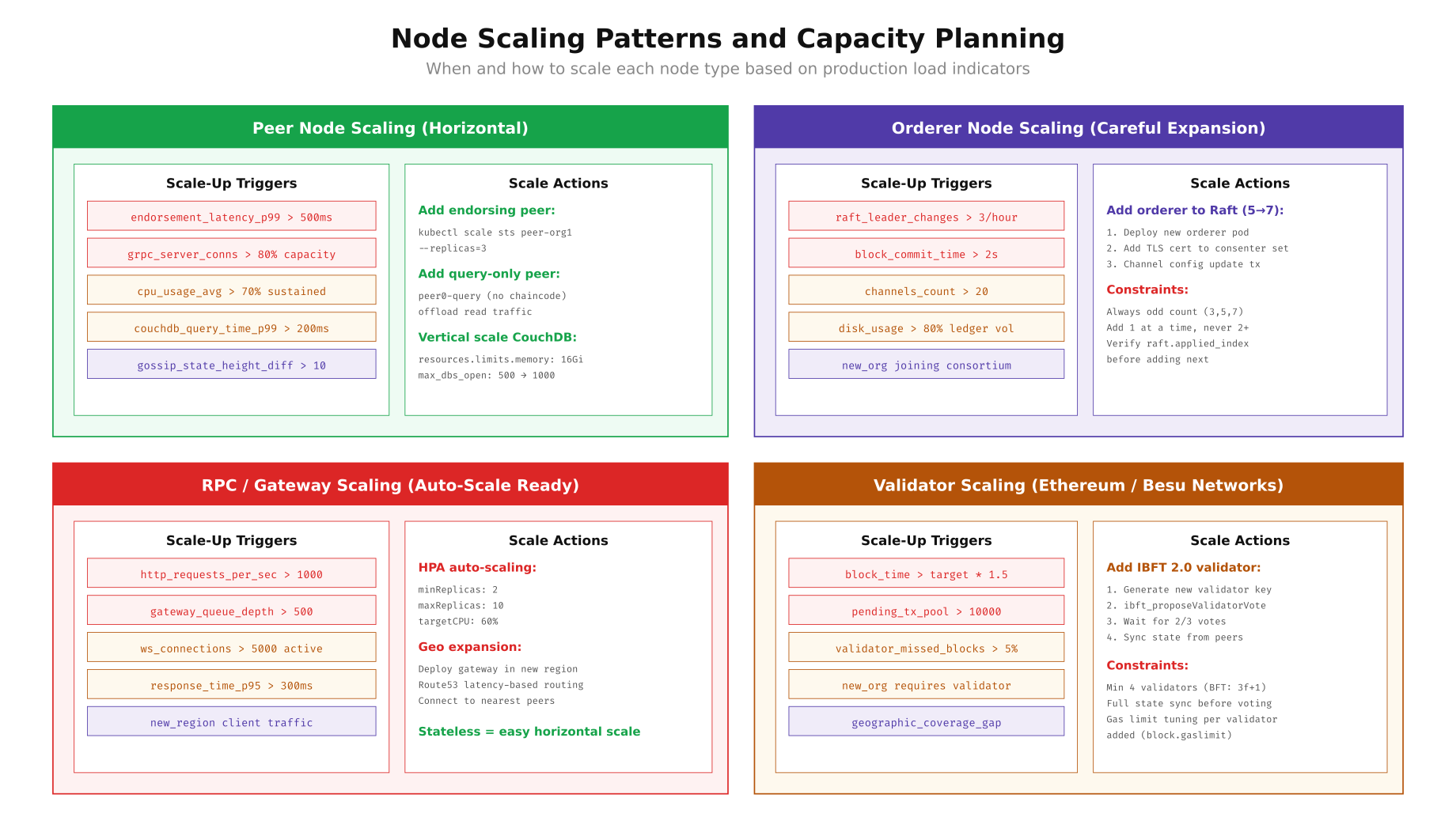 Node scaling patterns showing scale triggers and actions for peer, orderer, RPC gateway, and validator node types with specific metric thresholds