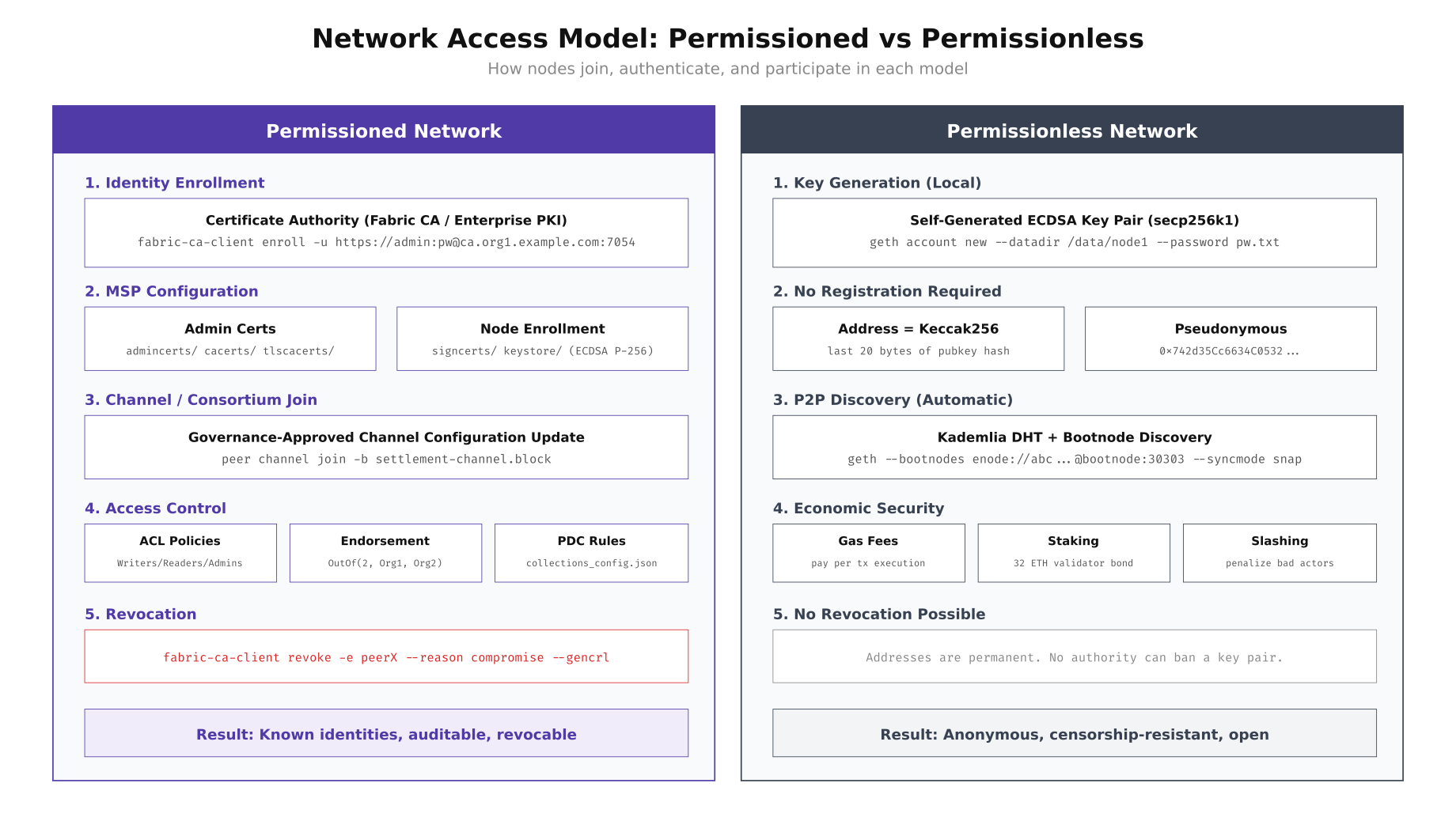 Network access model comparison showing permissioned enrollment through Certificate Authority versus permissionless self-generated key pairs