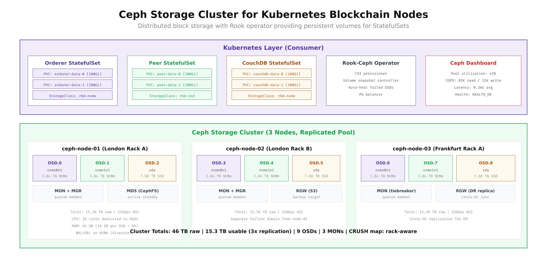 Ceph storage cluster architecture showing 3 nodes with NVMe and SSD OSDs, MON and MGR daemons, Rook operator, and Kubernetes PVC mappings for orderer, peer, and CouchDB workloads