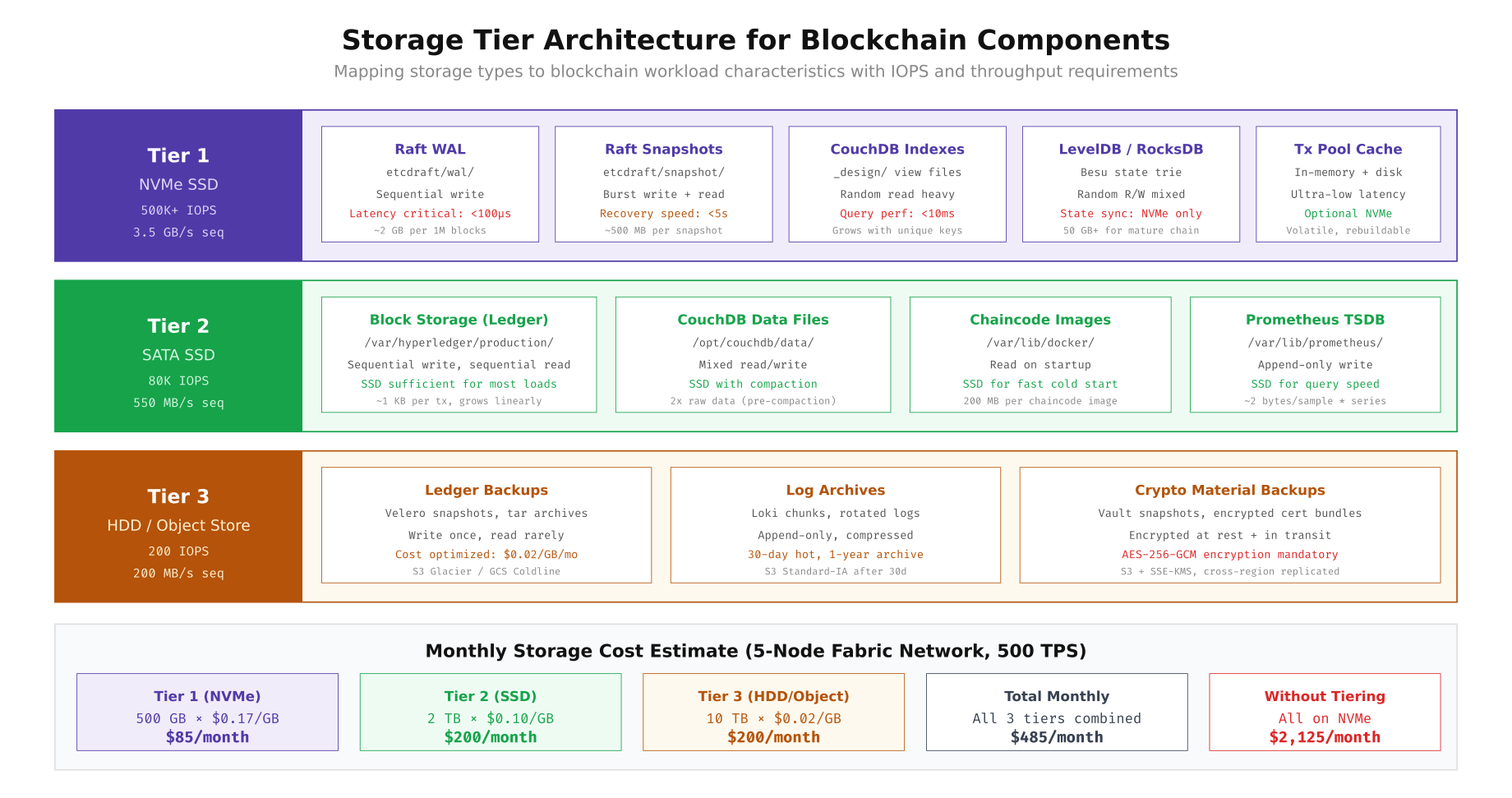Three-tier storage architecture mapping NVMe, SATA SSD, and HDD/object storage to specific blockchain components with IOPS requirements and monthly cost estimates