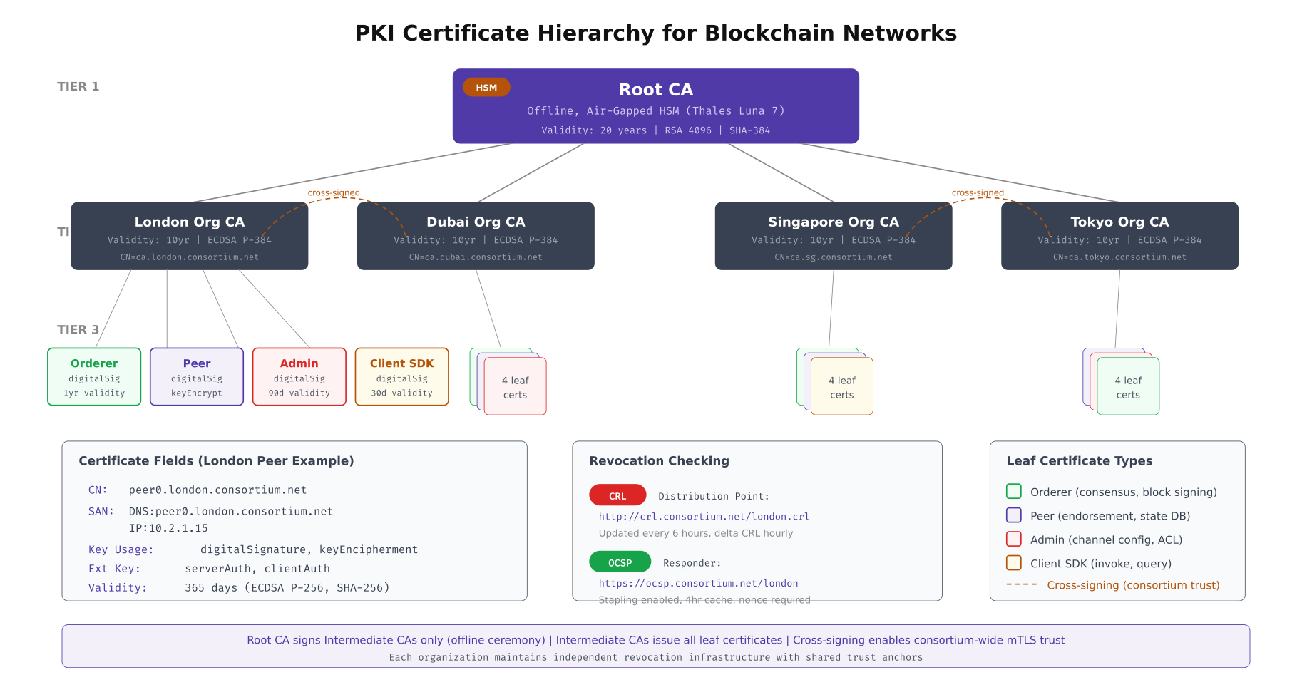 Three-tier PKI certificate hierarchy showing root CA, four organization intermediate CAs, and leaf certificates for orderers, peers, admins, and clients