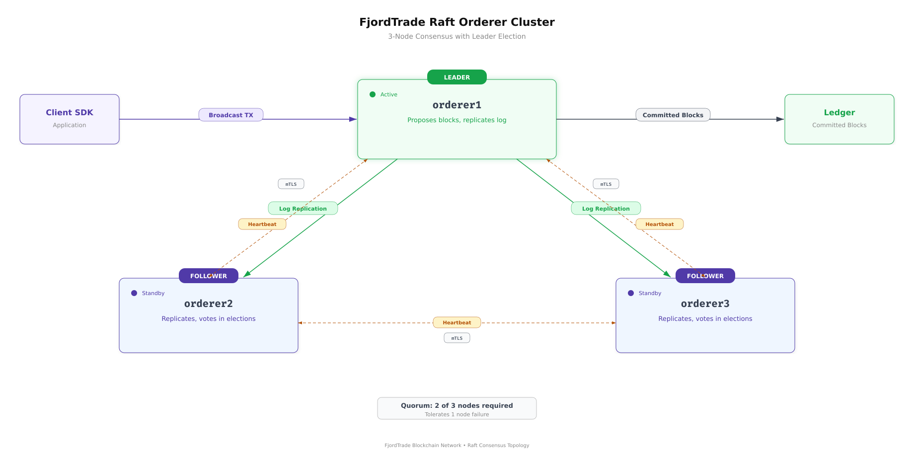 Three-node Raft orderer cluster showing orderer1 as leader replicating logs to orderer2 and orderer3 followers with heartbeat connections and mutual TLS