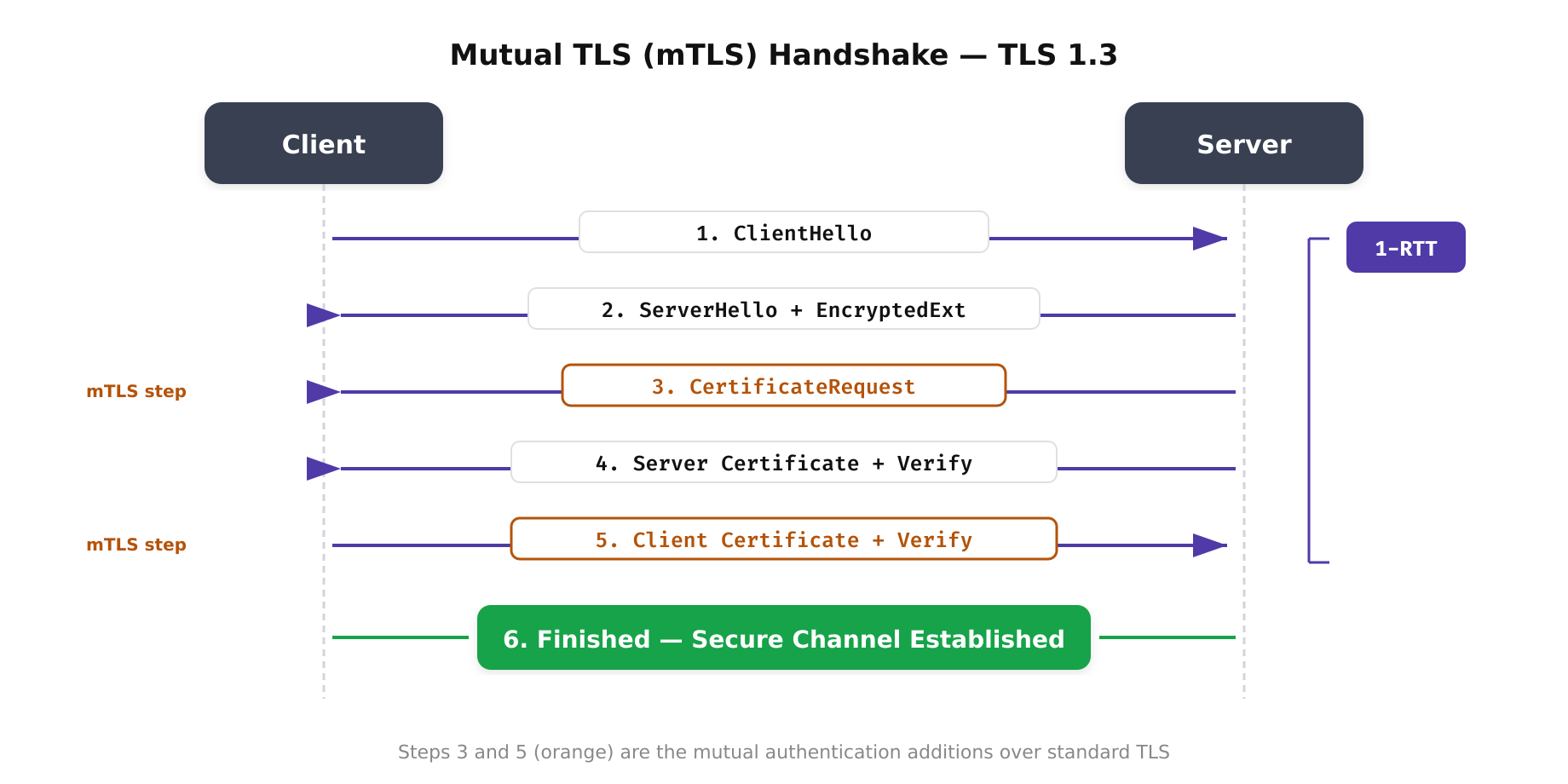 Two-column ladder diagram showing 6-step mTLS handshake between Client and Server with certificate exchange