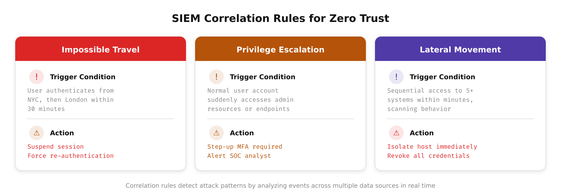 Diagram showing SIEM correlation rules matching Zero Trust events, impossible travel, privilege escalation, and abnormal access patterns