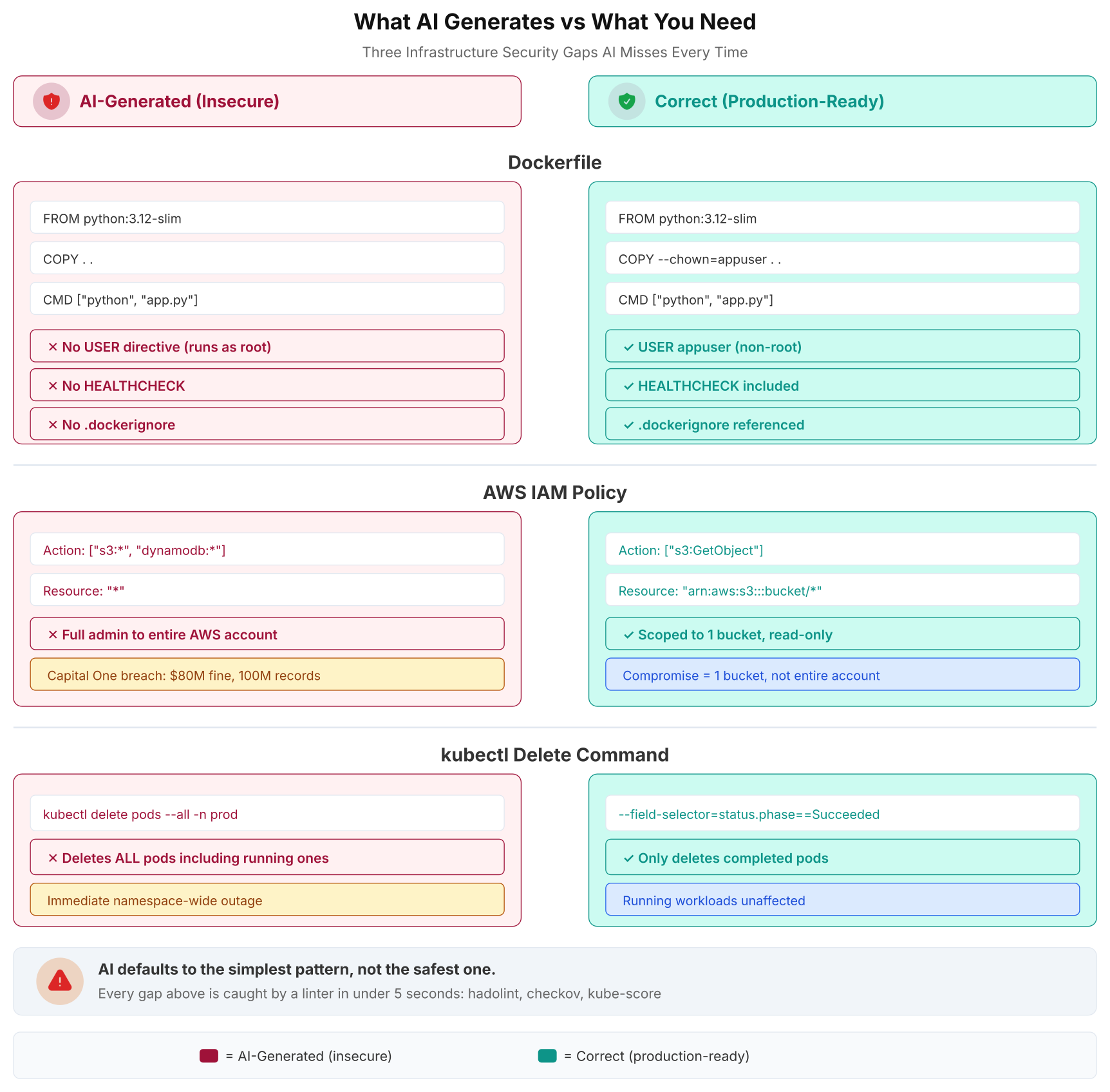 Side-by-side comparison showing where AI gives the wrong answer for Dockerfiles, IAM policies, and kubectl commands versus correct production-ready code
