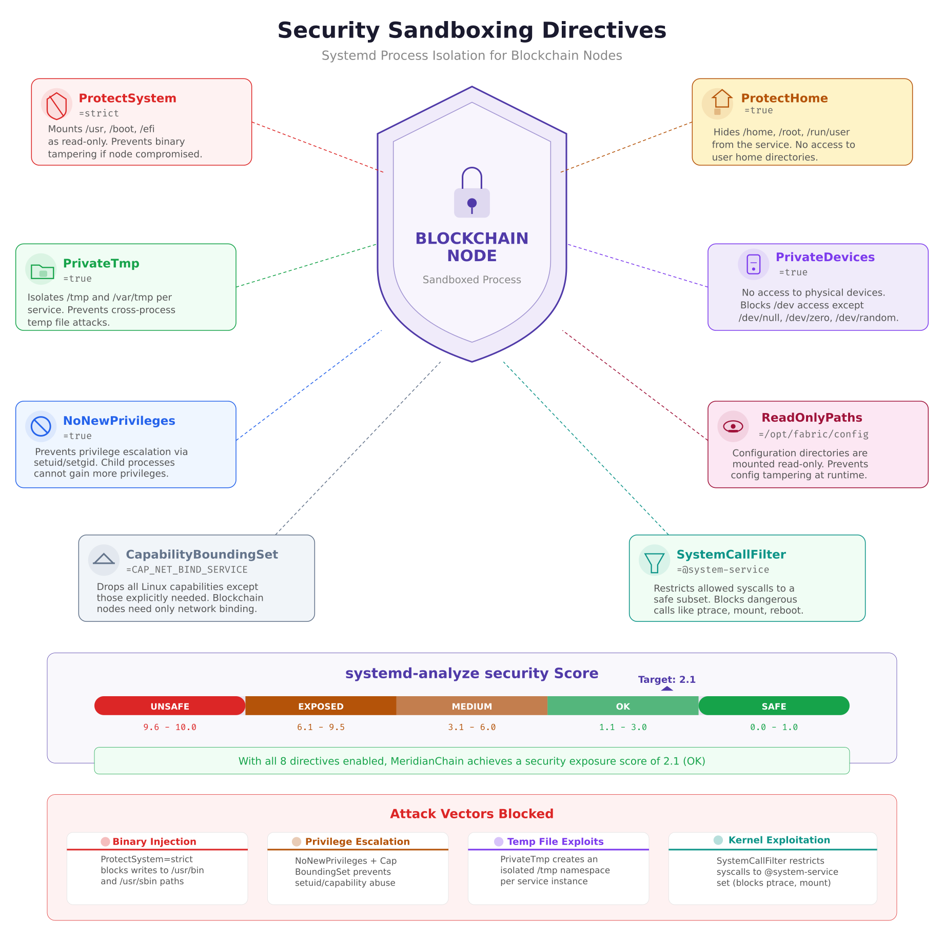 Security sandboxing diagram showing eight systemd security directives arranged around a central shielded blockchain node, with a security score bar and attack vectors blocked section