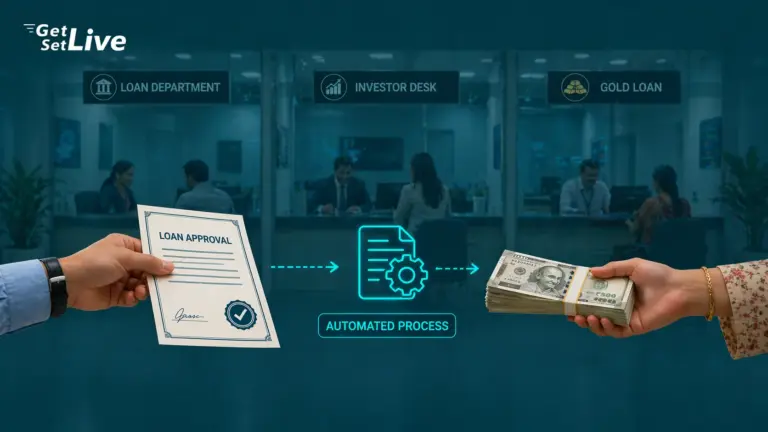 AI loan underwriting architecture featured image showing loan department, investor desk and gold loan with automated approval process